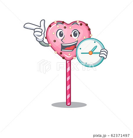 cartoon character concept candy heart lollipop having clock 62371497