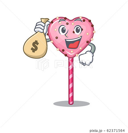 Rich and famous candy heart lollipop cartoon character holding money bag Rich and famous candy heart lollipop cartoon character holding money bag 62371564