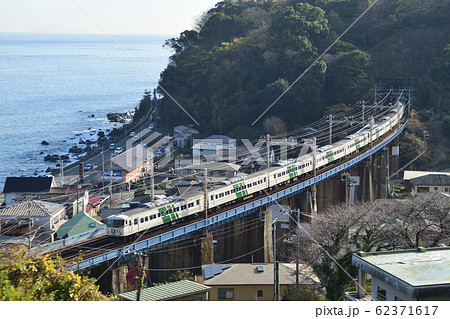 相模湾を見下ろす鉄橋を渡る特急踊り子号 62371617