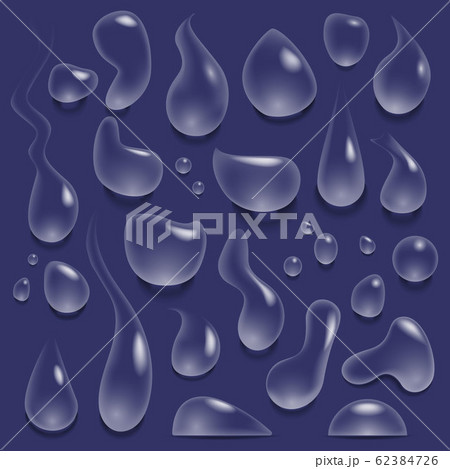 Water drops. Realistic drop of pure water, rain droplets and splashes, teardrops of different shapes vector illustration set 62384726