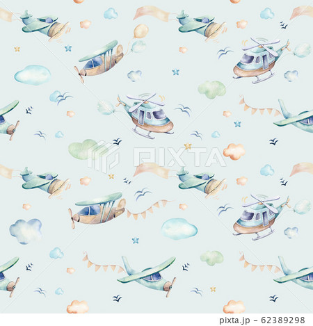 Watercolor set background illustration of a cute cartoon and fancy sky scene complete with airplanes, helicopters, plane and balloons, clouds. Boy seamless pattern. It's a baby shower design 62389298