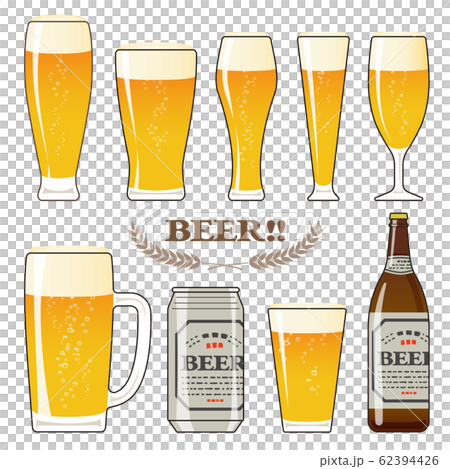 瓶、缶、ジョッキ、グラス、色々なビールのセットのイラスト素材