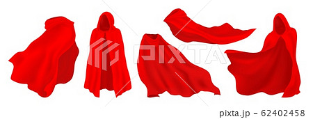Red cape with hood. Realistic superhero cloak, vampire and illusionist silk party costume. Vector red decorative clothes set Red cape with hood. Realistic superhero cloak, vampire and illusionist silk party costume. Vector red decorative clothes set 62402458
