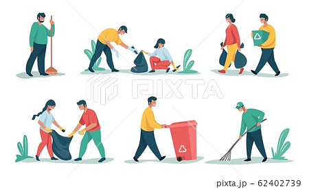 Cleaning garbage. Cartoon characters sorting and recycling waste and trash, collecting rubbish. Vector people picking up litter 62402739