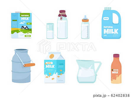 Cartoon milk. Plastic bottle, white food container, carton package, bottle and glass with milk. Vector set of isolated packs for milk Cartoon milk. Plastic bottle, white food container, carton package, bottle and glass with milk. Vector set of isolated packs for milk 62402838