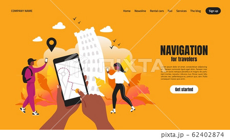Travel app landing page. Smartphone application concept with map and route, web page with navigation UI. Vector template 62402874