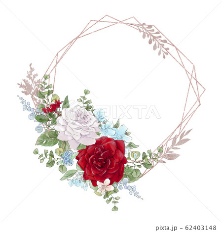 Watercolor neo vintage golden geometric frame with a beautiful bouquet of roses 62403148