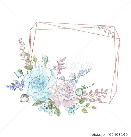 Watercolor neo vintage golden geometric frame with a beautiful bouquet of roses 62403149