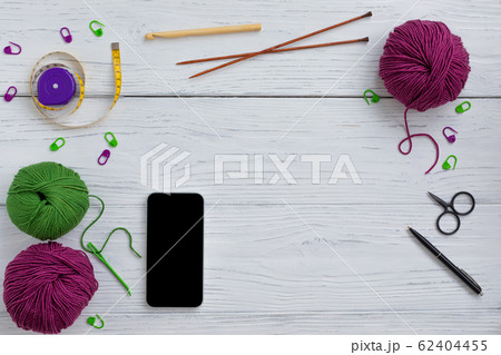 Background with knitting and crocheting tools and 62404455