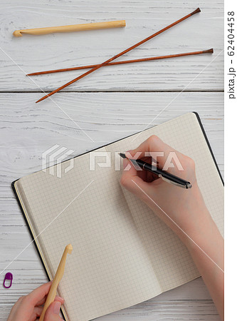 Background with knitting and crocheting tools and 62404458