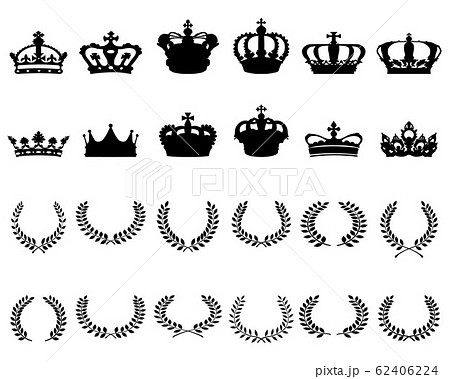 Black silhouettes of crowns and laurel wreaths on a white background 62406224