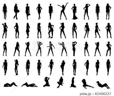 Black silhouettes of girls in various poses on a white background 62406227