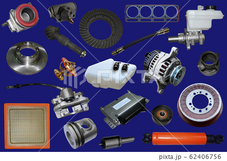 Auto spare parts car. Set with many isolated items for shop or aftermarket. Phantom Blue background patton. Auto spare parts car. Set with many isolated items for shop or aftermarket. Phantom Blue background patton. 62406756
