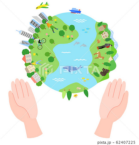 地球を掲げる手 エコ 自然と街並みのイラスト素材