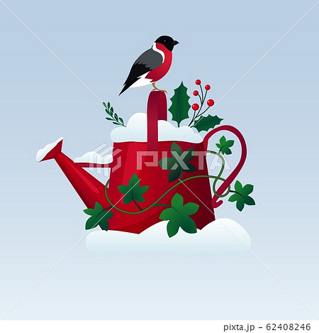Old red watering can on in the snow with a bird sitting on it 62408246