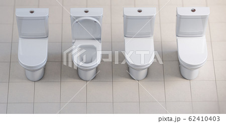 Row of toilet bowls. All are closed and one is open. 3d illustration 62410403
