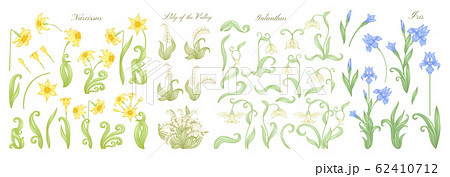 Set of spring flowers: iris, lily of the valley, snowdrop, daffodil. 62410712