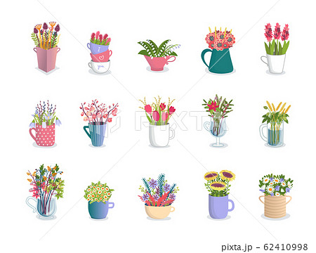 Multicolored flowers in mugs, florist compositions of tulips, orchids, lilies, daisies and sunflowers in floral cups vector illustration set. Multicolored flowers in mugs, florist compositions of tulips, orchids, lilies, daisies and sunflowers in floral cups vector illustration set. 62410998