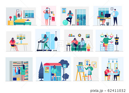 Woman daily routine in everyday life vector illustration set. 62411032