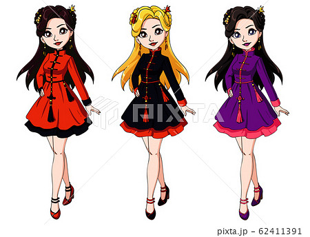 Cute cartoon girl wearing chinese traditional dress. Hand drawn illustration set. Cute cartoon girl wearing chinese traditional dress. Hand drawn illustration set. 62411391