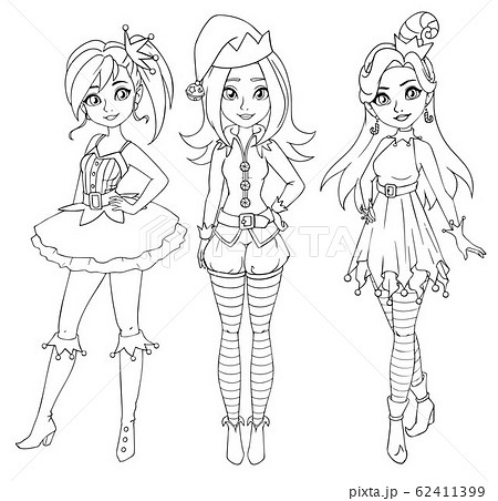 Three teenage girls wearing christmas elf costume. Contour picture for coloring book or paper doll. 62411399