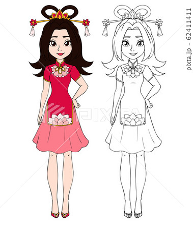Teenage girl wearing chinese traditional costume. Contour picture for coloring book or paper doll. Teenage girl wearing chinese traditional costume. Contour picture for coloring book or paper doll. 62411411