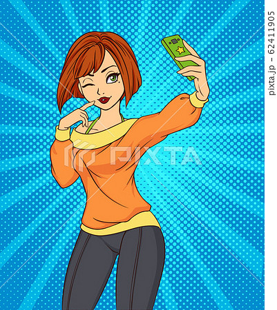 Sexy Cartoon Girl Takes A Selfie Pop Art Styleのイラスト素材