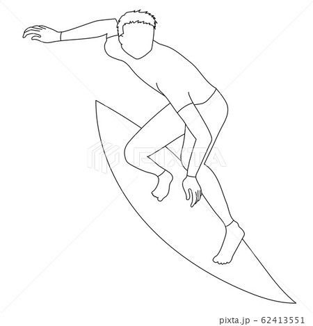 サーフィンで上手く波に乗る男性のイラスト 線画 のイラスト素材