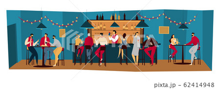People in bar, friends meet in pub, night restaurant, men and women drink alcohol, vector illustration 62414948