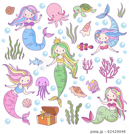 Cute mermaids. Adorable fairytale underwater princesses mythological sea creatures. Fishes, turtle and treasure, octopus vector game characters Cute mermaids. Adorable fairytale underwater princesses mythological sea creatures. Fishes, turtle and treasure, octopus vector game characters 62420046