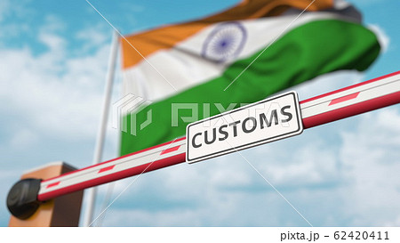 Barrier gate with CUSTOMS sign being closed with flag of India as a background. Indian Border closure or protective tariffs. 3D rendering 62420411