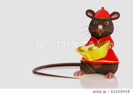 3d rendering a cute Chinese rat character wearing a red dress with hat holding the big golden ingots isolated on a white background, for rat zodiac year 2020 in the Chinese calendar. 62420458