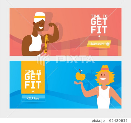 Fitness web banner design vector illustration, sport website template with men cartoon characters for gym landing page. 62420635