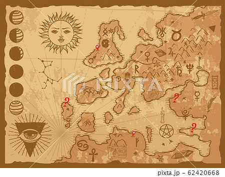 Old Map Of Fantasy World Marked With Astrology のイラスト素材