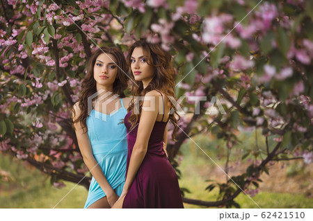 Spring beauty concept. Fashion Portrait Photo of Two Women Near Blossoming Tree on Nature 62421510