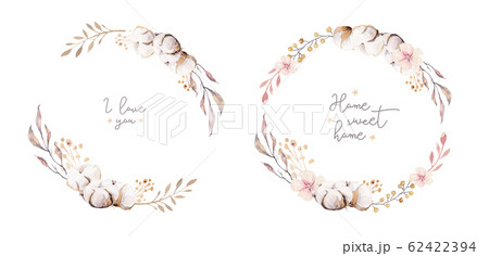 Watercolor boho floral botanical wreath. Bohemian natural frame: cotton flowers, willow flowers leaves. Isolated on white background. Decoration illustration. Save the date and weddign design Watercolor boho floral botanical wreath. Bohemian natural frame: cotton flowers, willow flowers leaves. Isolated on white background. Decoration illustration. Save the date and weddign design 62422394