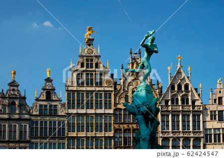 Antwerp Grote Markt old houses and monumental fountain sculpture, Belgium. Flanders 62424547