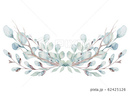 wreath of blossom pink cherry flowers in watercolor style with white background. Set of summer blooming japanese sakura branch decoration 62425126