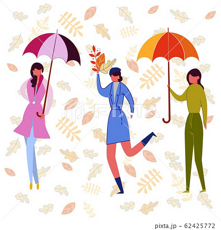 Girls Enjoying Leaf Fall Flat Vector Illustration 62425772