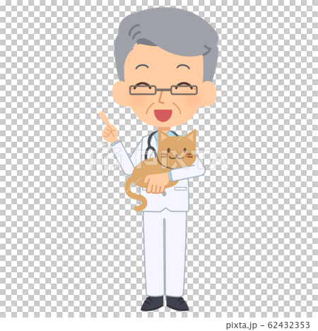 Elderly vet cat pointing smile 62432353
