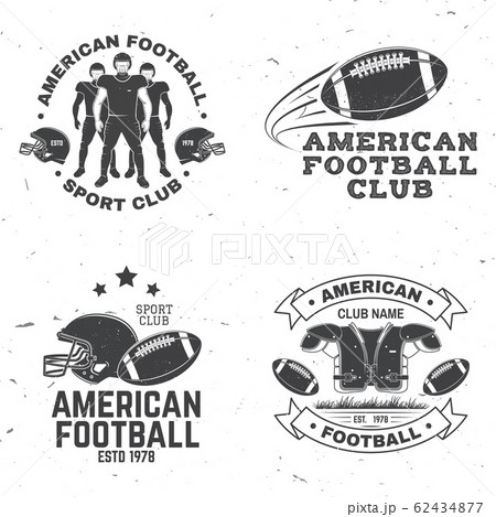 Set of american football or rugby club badge. Vector for shirt, logo, print, stamp, patch. Vintage design with american football sportsman player, helmet, ball, grass and shoulder pads silhouette 62434877