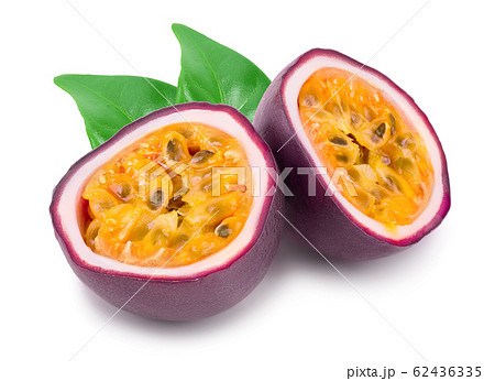 half of passion fruits with leaves isolated on white background. Isolated maracuya half of passion fruits with leaves isolated on white background. Isolated maracuya 62436335