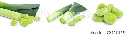 Leek vegetable with slices isolated on white background. Set or collection 62436426