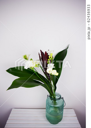 Beautiful composition with fresh freesia in vase 62436933