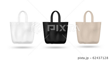 Realistic textile tote bag vector mockup set. Black and white and biege. Isolated on white 62437128