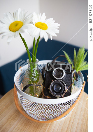 Old vintage rustic camera with a bouquet of daisy Old vintage rustic camera with a bouquet of daisy 62437319