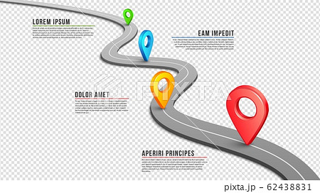 Highway. Winding empty road, GPS pins and infographic elements. Black perspective asphalt way. Vector isolated on transparent pathway illustration 62438831