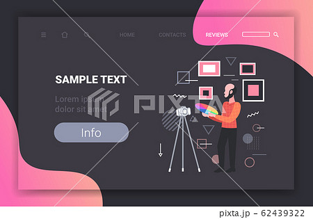 man designer holding colored palette samples blogger recording online video with digital camera on tripod social network blogging concept full length horizontal copy space 62439322