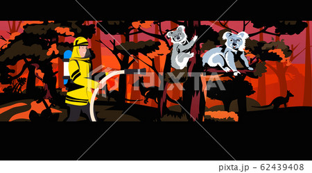 firefighter extinguishing dangerous wildfire in australia fireman saving koalas bushfire natural disaster concept intense orange flames horizontal firefighter extinguishing dangerous wildfire in australia fireman saving koalas bushfire natural disaster concept intense orange flames horizontal 62439408