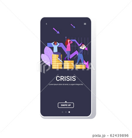 stressed businesspeople on coin piles frustrated about downward chart graph falling down arrow financial crisis failure budget collapse bankruptcy concept smartphone screen mobile app 62439896